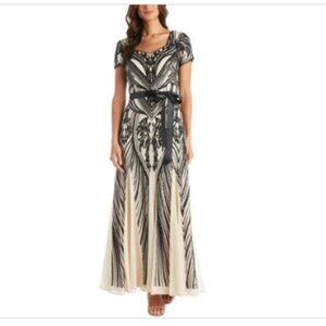 R M Richards Sequined Belted Dress ChampagneBlack